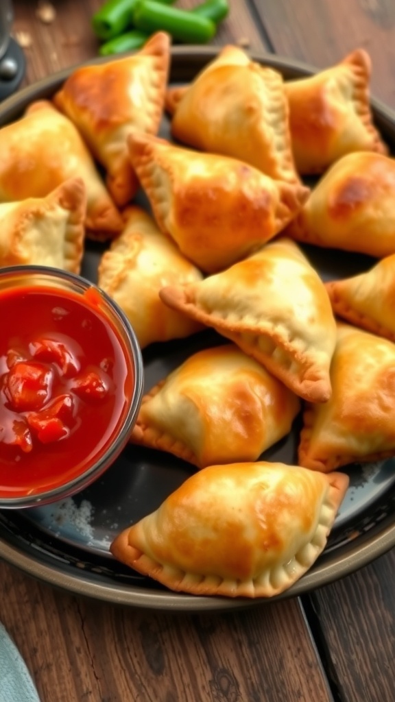 Cheesy Mini Calzones: A Fun and Easy Party Appetizer A delicious assortment of mini calzones on a platter with marinara sauce.
